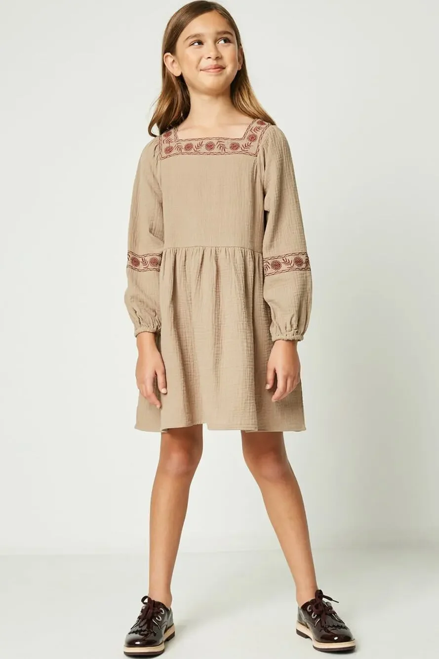 HAYDEN Taffy Khaki Woven Midi Dress Featuring Red Embroidery Large